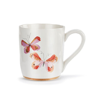 White mug with gold trim on the bottom of the mug and two butterflies. 