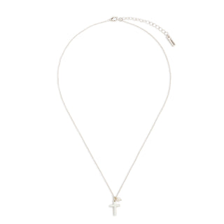Silver necklace with a small cross pendant on a white background