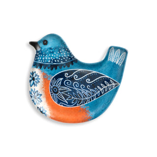 Decorative ceramic bird with blue and orange design on a white background