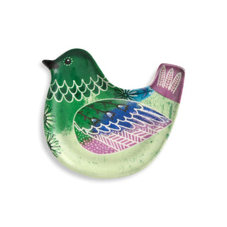 Decorative bird-shaped dish with colorful patterns on a white background