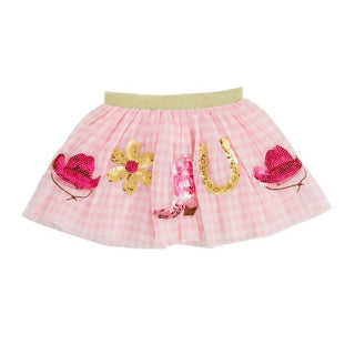 Pink gingham skirt with sequin designs