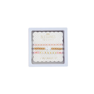 Set of beaded bracelets with 'blessed' text in a box on a white background