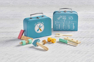 Children's toy tool set with blue tool box and wooden tools 
