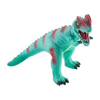 Teal toy dinosaur figure with red stripes and sound feature