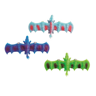 Three stylized rubber dragon toys with wide wingspreads, shown in light blue, dark blue, and bright green.