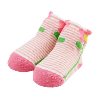 Pair of children's socks with pink and white stripes and green accents on a white background