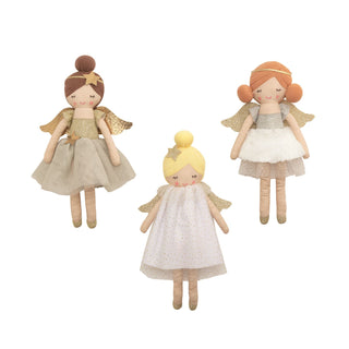 Three plush angel dolls with closed eyes, gold wings, and star hair accessories, wearing dresses in shades of gold, white, and silver.