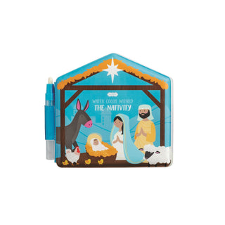 Watercolor nativity scene book with illustrations of Mary, Joseph, and baby Jesus in a manger.
