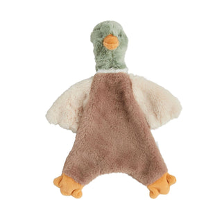 Plush toy duck with brown back and green head on a white background