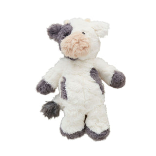 Plush cow toy with gray and beige accents on a white background
