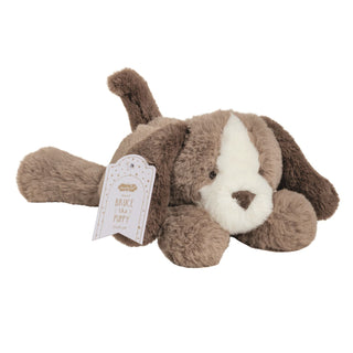 Plush dog toy with a white tag on a white background