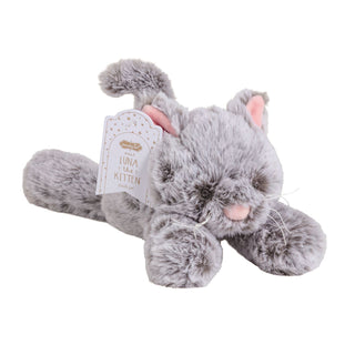Gray plush kitten toy with a tag on a white background