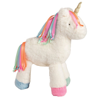 Plush unicorn toy with colorful mane and hooves on a white background