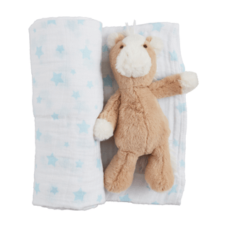 Stars Swaddle & Horse Plush Rattle Gift Set