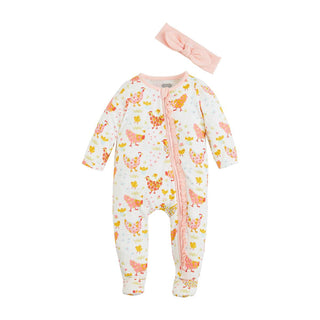 Baby footed sleeper in white with a pink and yellow animal print, featuring a pink zipper down the front, shown with a matching pink bow headband on a white background.