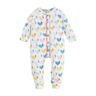 Baby onesie with chicken pattern on a white background