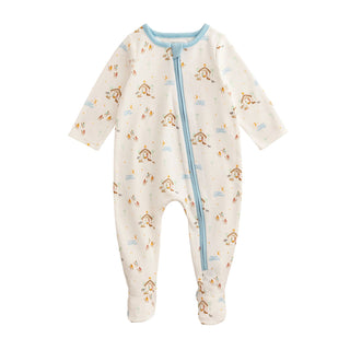 Baby onesie with nativity pattern and blue zipper