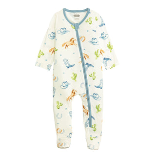 Baby onesie with cowboy pattern on a white background