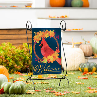 Garden flag with cardinal saying 'Welcome'