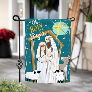 Decorative flag with nativity scene design featuring 'Oh Holy Night' text.