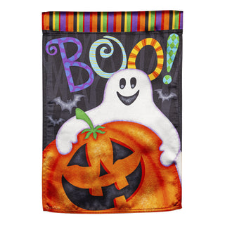 Halloween-themed decorative flag with a ghost and pumpkin, featuring the word 'BOO!'with a striped border.