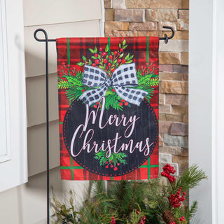 Decorative Christmas flag with plaid pattern, bow, and 'Merry Christmas' text.