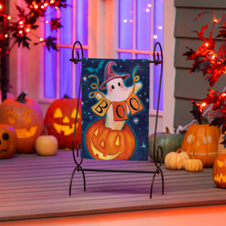 Halloween themed garden flag with ghost and 'BOO'