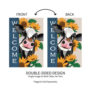 Double-sided design of a cow with sunflowers and 'Welcome' text on a white background.