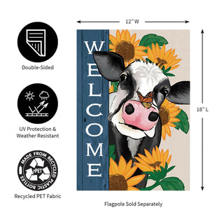 Decorative flag with cow and sunflower design, featuring 'Welcome' text, on a white background.