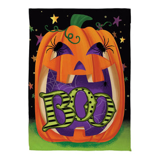 Halloween-themed decorative flag with a pumpkin design and 'BOO' text.