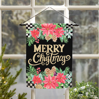Christmas garden flag with checkered print and poinsettias and 'Merry Christmas'