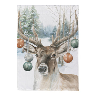 Festive towel with a deer wearing Christmas ornaments