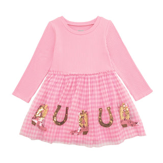 Pink dress with checkered pattern and horse shoe on the tutu