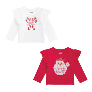 Two children's long-sleeved holiday shirts with ruffle shoulders: one white with a sequined candy cane graphic, and one red with a Santa Claus graphic that reads "merry & bright."