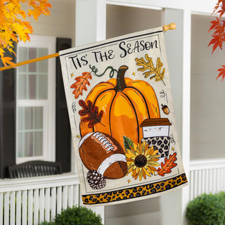 Decorative fall-themed flag with pumpkin, football, and sunflower.