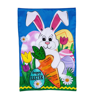 Decorative Easter flag with a bunny, carrot, and Easter eggs on a blue background
