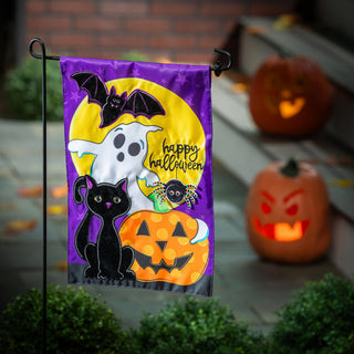 'happy halloween' garden flags with black cat, ghost, and pumpkin