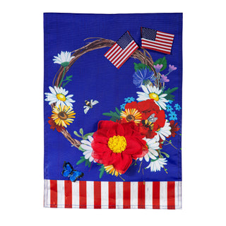 Patriotic Wreath G Flag	Patriotic wreath garden flag – floral wreath with American flag accents on a navy background									
