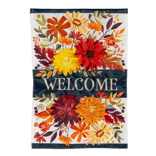 Decorative flag with autumn flowers and 'WELCOME' text on a white background