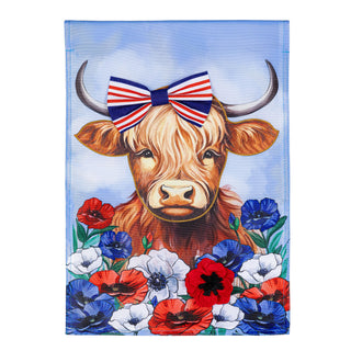 Patriotic Highland Cow G Flag	Patriotic highland cow garden flag – outdoor flag with festive cow in American bandana and glasses									
