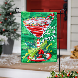 Christmas garden flag with 'have a cup of cheer' and a glass