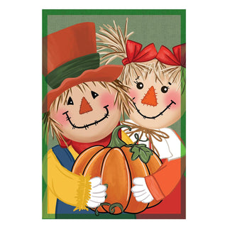 Two cartoon scarecrows holding a pumpkin with a green border