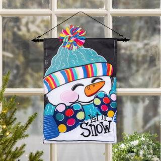 Decorative flag with a colorful snowman design and 'Let It Snow' text.