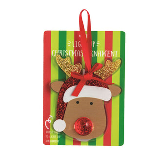 A light-up reindeer Christmas ornament with gold glitter antlers, a red glitter Santa hat, and a red glitter nose, attached to its original packaging.