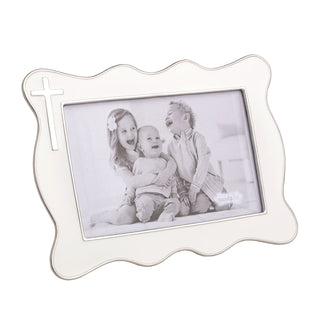 White decorative photo frame with a family photo inside on a white background