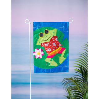 Decorative garden flag with a frog design on a blue background, featuring a pink flower.