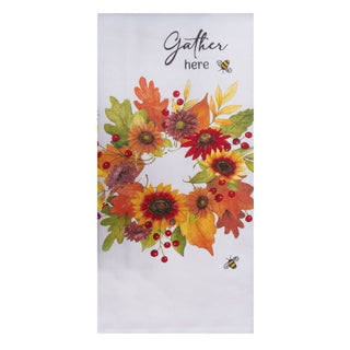 Decorative towel with autumnal floral design and 'Gather here' text
