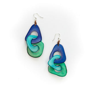 Pair of blue and green earrings on a white background