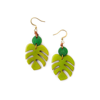 Green leaf-shaped earrings on a white background