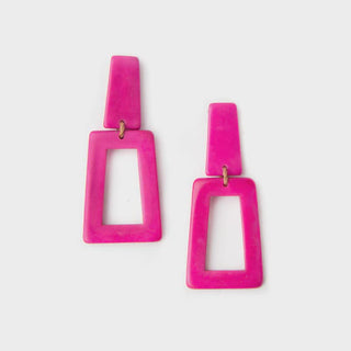 Pair of pink square earrings on a white background